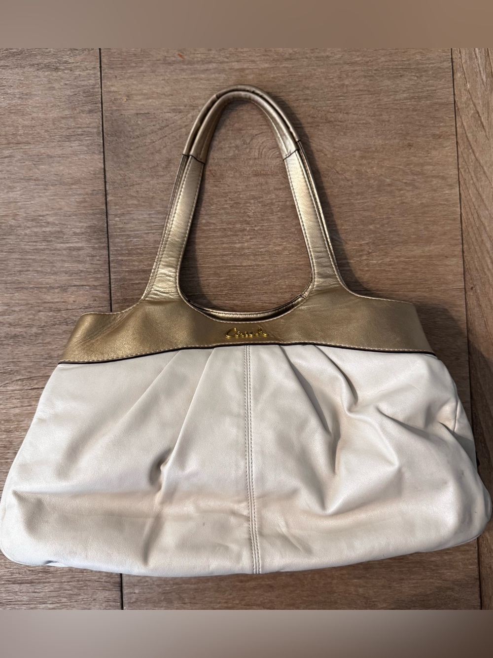 Coach Lexi F16312 Cream Gold Leather Pleated Satchel Shoulder Bag